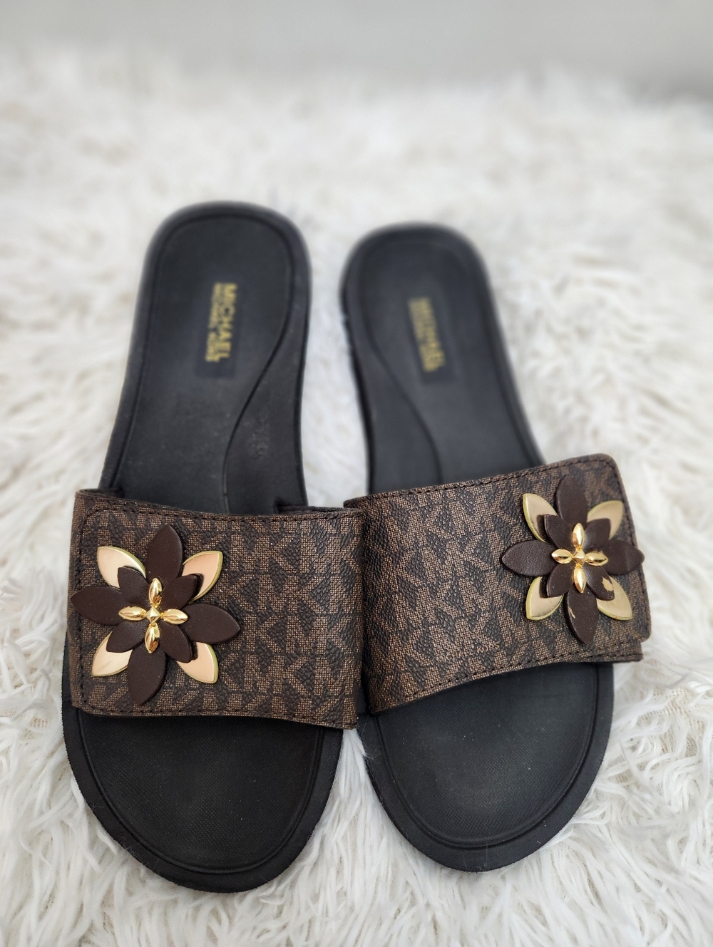 Michael Kors Women's Mk Logo Floral Slides - Brown/Black - Size 8